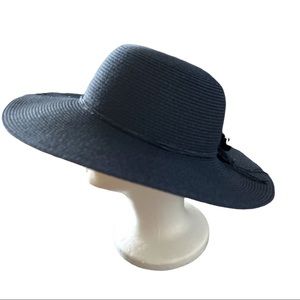 BJB - NEW blue wide brim straw with fabric floral accent hat Sz L